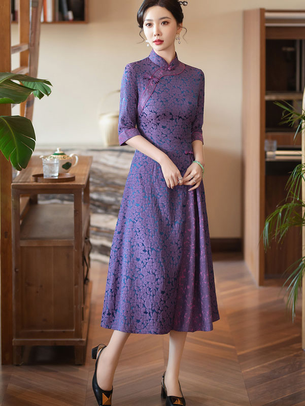 Purple Pink Jacquard Half Sleeve A-Line Cheongsam Dress