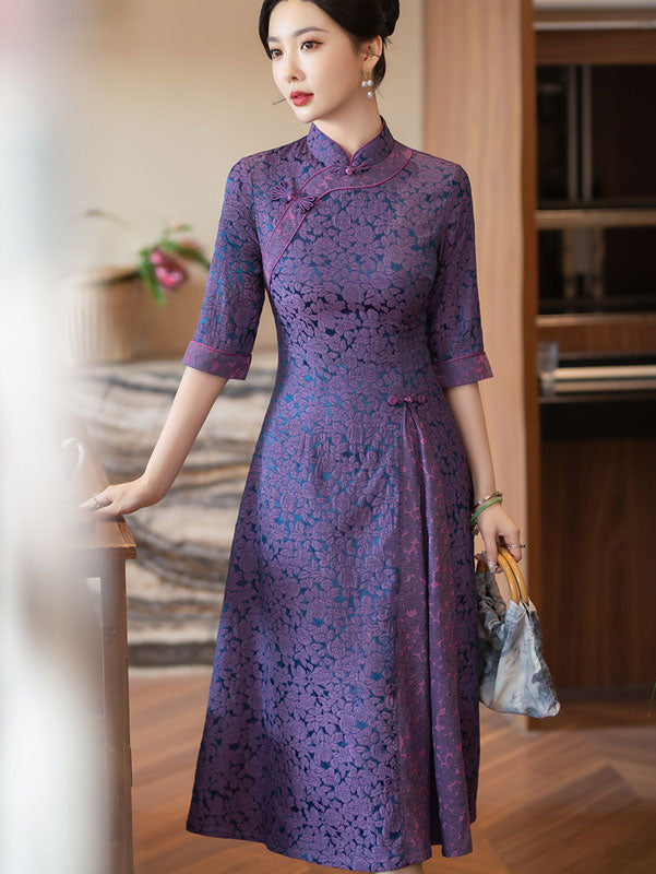 Purple Pink Jacquard Half Sleeve A-Line Cheongsam Dress