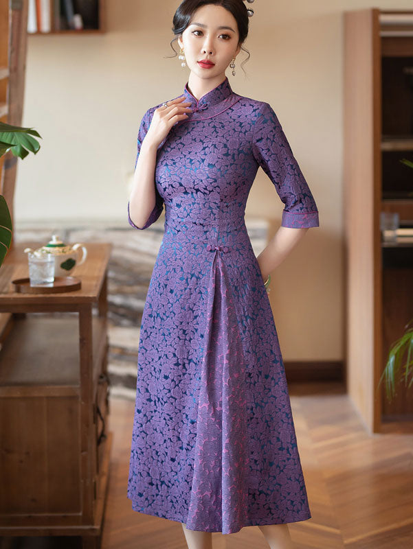 Purple Pink Jacquard Half Sleeve A-Line Cheongsam Dress