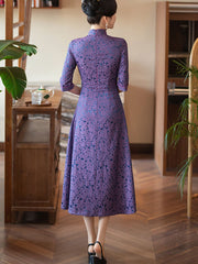 Purple Pink Jacquard Half Sleeve A-Line Cheongsam Dress