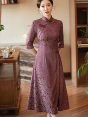 Purple Pink Jacquard Half Sleeve A-Line Cheongsam Dress