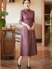 Purple Pink Jacquard Half Sleeve A-Line Cheongsam Dress