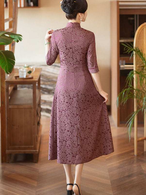 Purple Pink Jacquard Half Sleeve A-Line Cheongsam Dress