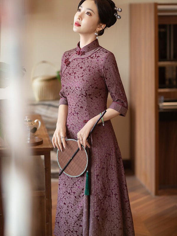 Purple Pink Jacquard Half Sleeve A-Line Cheongsam Dress