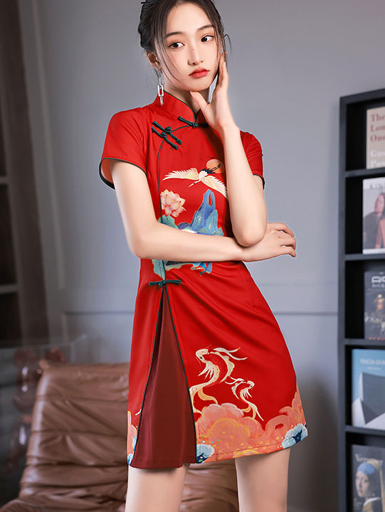 Black Red Chinese Painting Print Cheongsam Qipao Dress