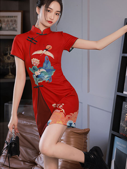 Black Red Chinese Painting Print Cheongsam Qipao Dress