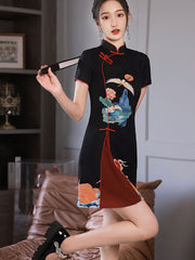 Black Red Chinese Painting Print Cheongsam Qipao Dress