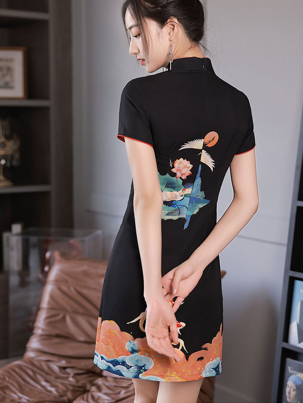 Black Red Chinese Painting Print Cheongsam Qipao Dress