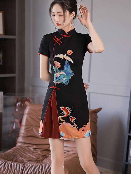 Black Red Chinese Painting Print Cheongsam Qipao Dress