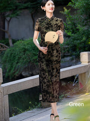 Gray Green Floral Print Maxi Cheongsam Qipao Dress