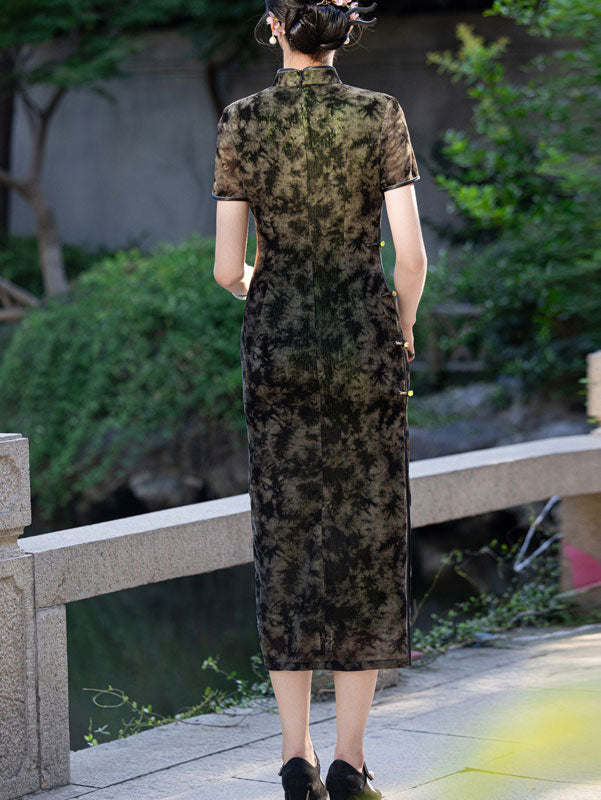 Gray Green Floral Print Maxi Cheongsam Qipao Dress