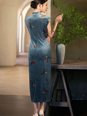 Blue Velvet Floral Print Cheongsam Qipao Dress