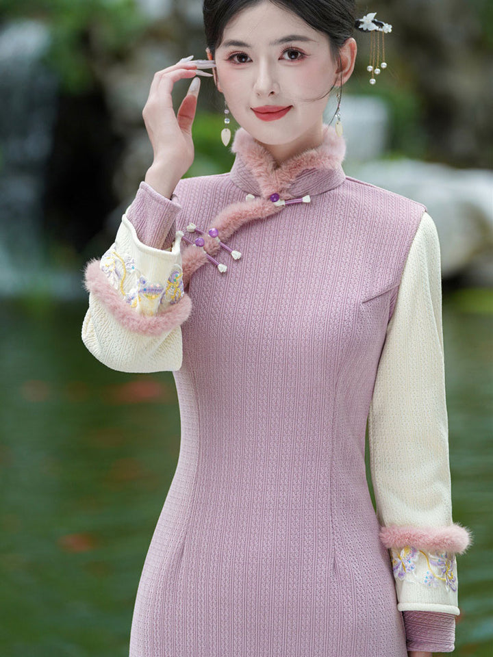 Purple Chenille Winter Cheongsam Qipao Dress