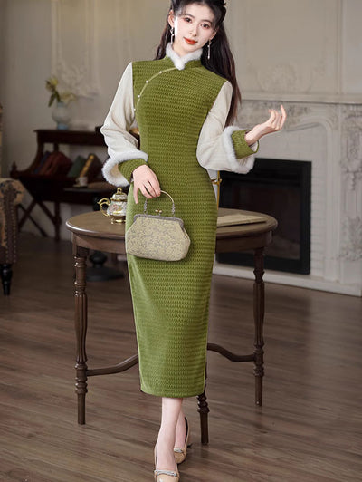 Green Knitted Winter Cheongsam Qipao Dress