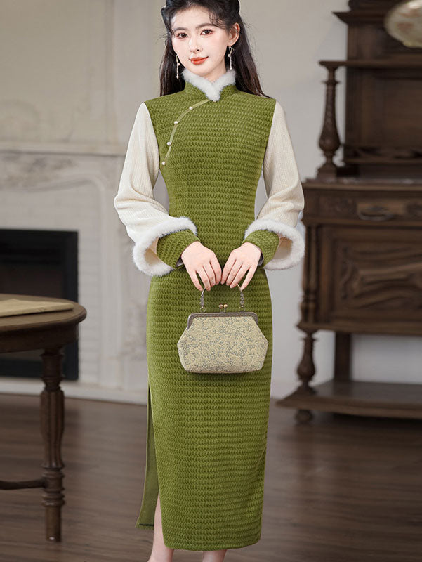 Green Knitted Winter Cheongsam Qipao Dress