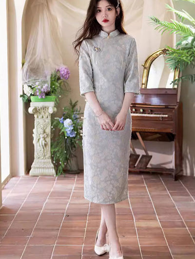 Blue Floral Lace Winter Midi Cheongsam Qipao Dress