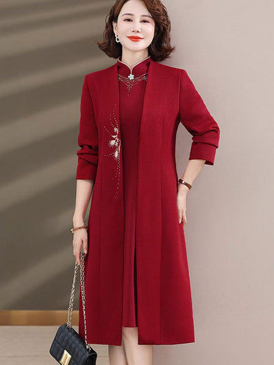 2 Pieces Red Embroidered Mothers Cheongsam Dress & Coat