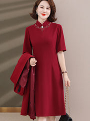 2 Pieces Red Embroidered Mothers Cheongsam Dress & Coat