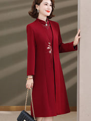 2 Pieces Red Embroidered Mothers Cheongsam Dress & Coat