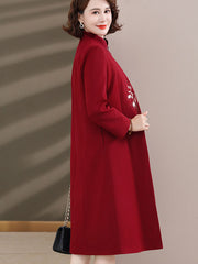 2 Pieces Red Embroidered Mothers Cheongsam Dress & Coat