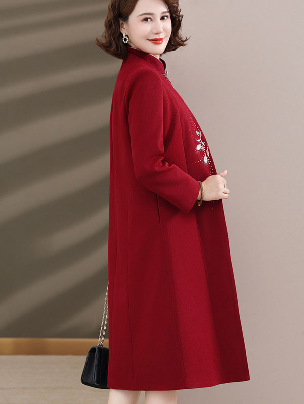 2 Pieces Red Embroidered Mothers Cheongsam Dress & Coat