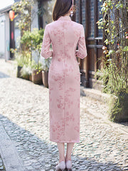 Pink Red Floral Suede Winter Cheongsam Qipao Dress