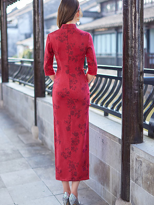 Pink Red Floral Suede Winter Cheongsam Qipao Dress