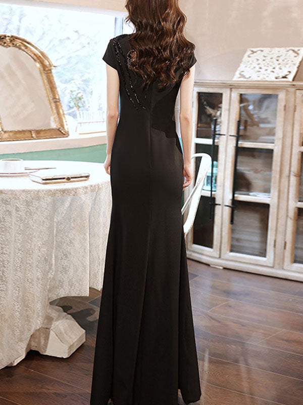 Black Beaded Butterfly Split Fishtail Qipao Cheongsam Dress