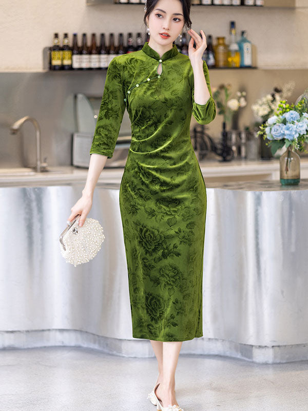 Green Floral Velvet Winter Cheongsam Qipao Dress