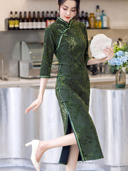 Green Jacquard Floral Winter Cheongsam Qipao Dress