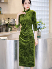 Green Floral Velvet Winter Cheongsam Qipao Dress