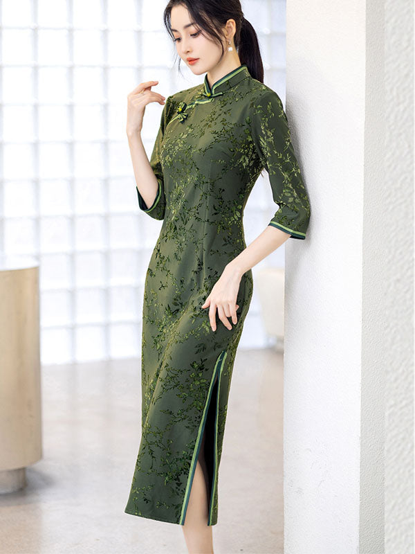 Green Jacquard Floral Winter Cheongsam Qipao Dress