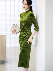 Green Floral Velvet Winter Cheongsam Qipao Dress