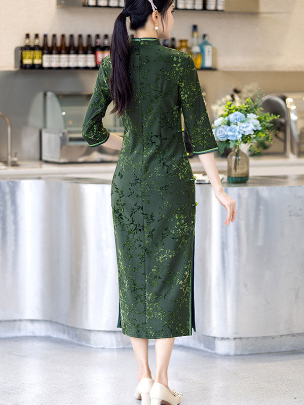 Green Jacquard Floral Winter Cheongsam Qipao Dress