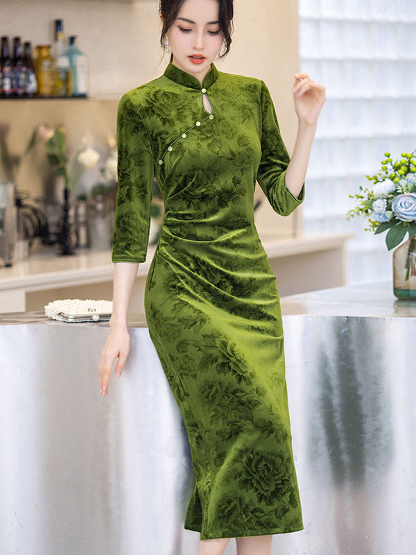 Green Floral Velvet Winter Cheongsam Qipao Dress