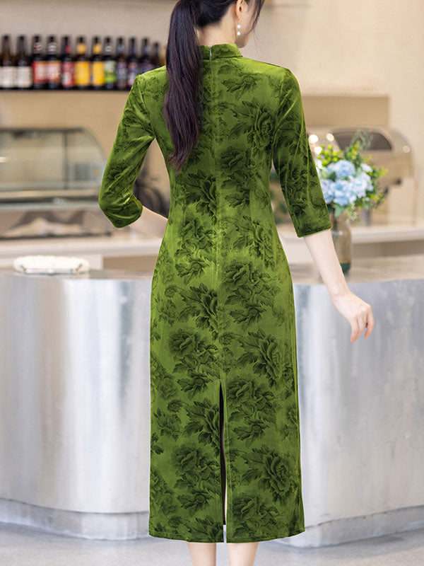 Green Floral Velvet Winter Cheongsam Qipao Dress