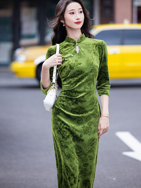 Green Floral Velvet Winter Cheongsam Qipao Dress