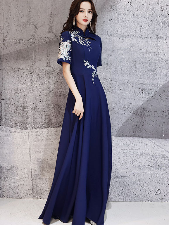 Blue Appliques A-line Maxi Cheongsam Qipao Dress