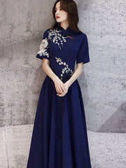 Blue Appliques A-line Maxi Cheongsam Qipao Dress