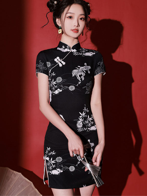 Black Color-Block Print Cheongsam Qipao Dress