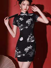 Black Color-Block Print Cheongsam Qipao Dress