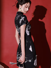 Black Color-Block Print Cheongsam Qipao Dress