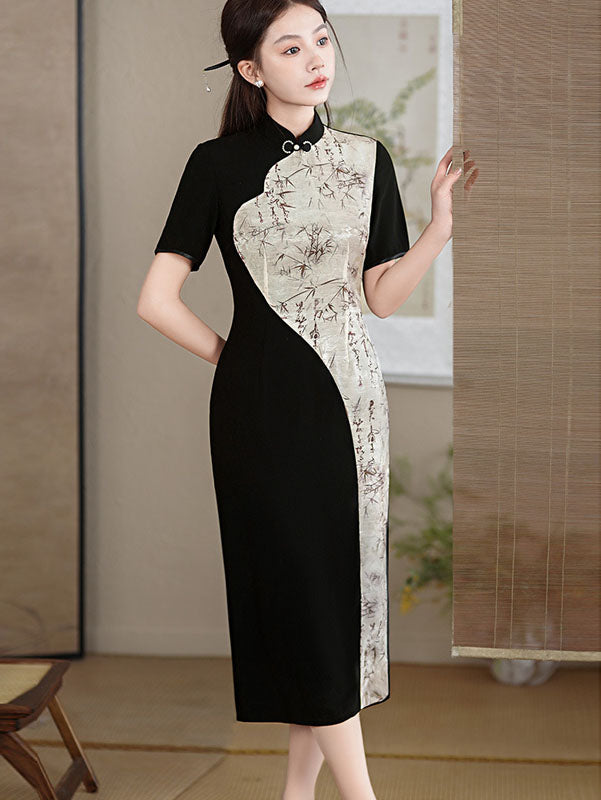 Color-Block Print Qipao Cheongsam Dress