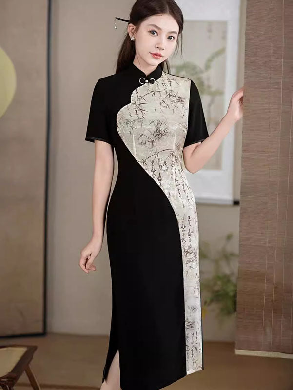 Color-Block Print Qipao Cheongsam Dress