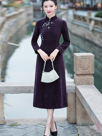 Purple Embroidered Mothers Winter Qipao Cheongsam Dress