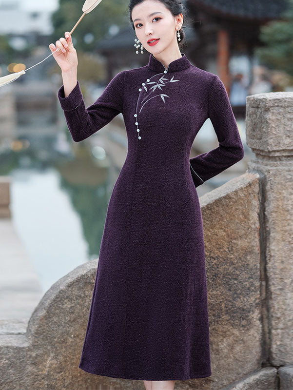 Purple Embroidered Mothers Winter Qipao Cheongsam Dress