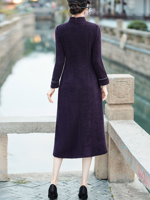 Purple Embroidered Mothers Winter Qipao Cheongsam Dress