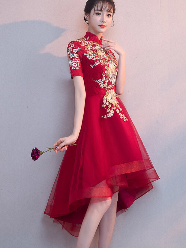 Red Appliques High Low Hem Qipao Cheongsam Dress