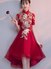 Red Appliques High Low Hem Qipao Cheongsam Dress