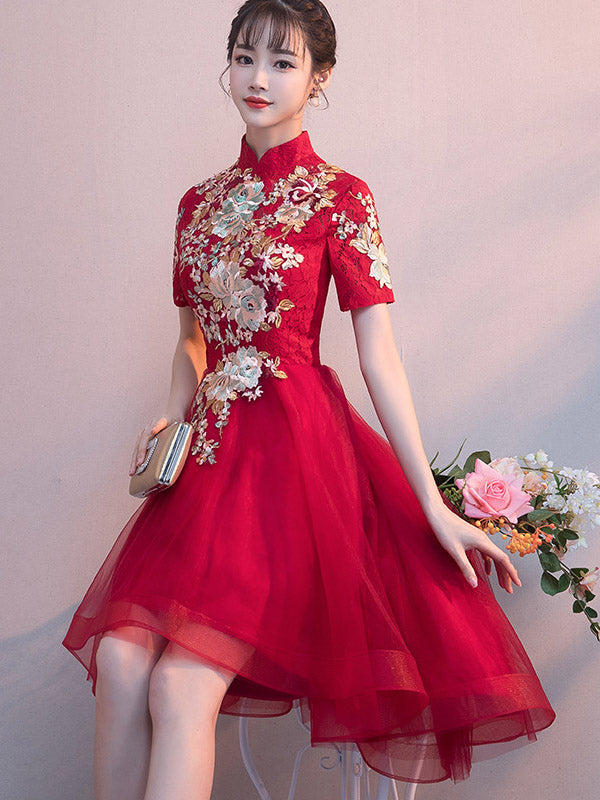 Red Appliques High Low Hem Qipao Cheongsam Dress